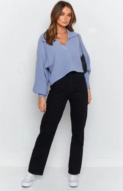 Beginning Boutique Outerwear News Alert Collared Crop Sweater Blue