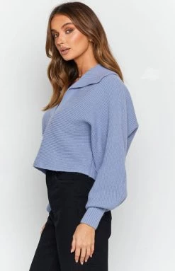 Beginning Boutique Outerwear News Alert Collared Crop Sweater Blue