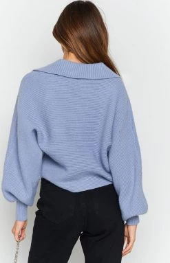 Beginning Boutique Outerwear News Alert Collared Crop Sweater Blue