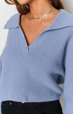 Beginning Boutique Outerwear News Alert Collared Crop Sweater Blue