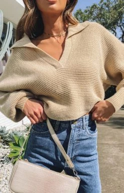 Beginning Boutique News Alert Collared Crop Sweater Camel