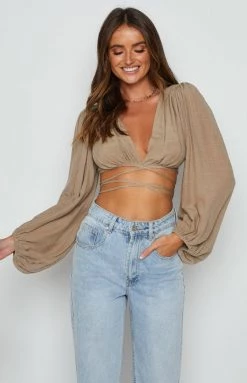 Beginning Boutique Tops Nikki Tie Up Top Brown