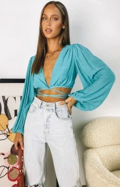 Beginning Boutique Nikki Tie Up Top Teal Tops