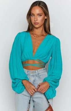 Beginning Boutique Nikki Tie Up Top Teal Tops