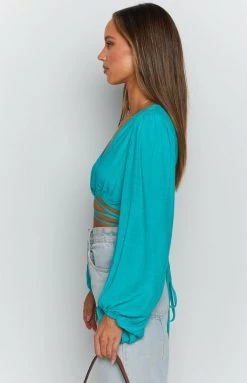 Beginning Boutique Nikki Tie Up Top Teal Tops