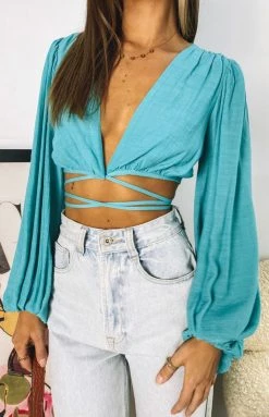 Beginning Boutique Nikki Tie Up Top Teal Tops