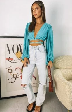 Beginning Boutique Nikki Tie Up Top Teal Tops