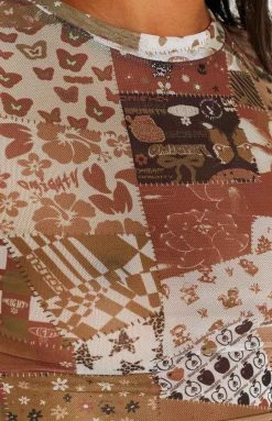 OMIGHTY Patchwork Mesh Top In Mocha