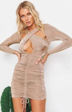 Beginning Boutique City Girl Ruched Mini Dress Latte