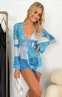 Beginning Boutique Patchwork Long Sleeve Mini Dress Blue