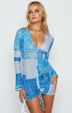 Beginning Boutique Patchwork Long Sleeve Mini Dress Blue 9 Beginning Boutique Patchwork Long Sleeve Mini Dress Blue