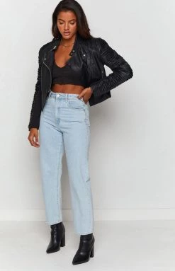 Beginning Boutique Outerwear Picture This Ribbed Sleeve Jacket Black PU