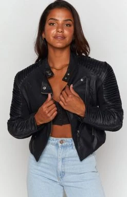 Beginning Boutique Outerwear Picture This Ribbed Sleeve Jacket Black PU