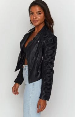 Beginning Boutique Outerwear Picture This Ribbed Sleeve Jacket Black PU