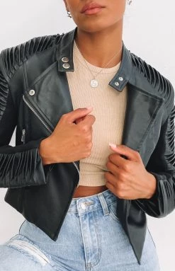 Beginning Boutique Outerwear Picture This Ribbed Sleeve Jacket Black PU