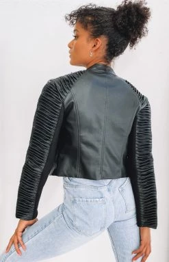 Beginning Boutique Outerwear Picture This Ribbed Sleeve Jacket Black PU
