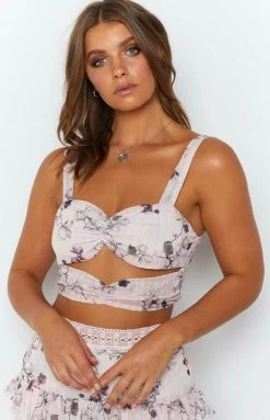 The Edit Spring Flora Laced Crop Top Pink Floral Tops