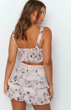 The Edit Spring Flora Laced Crop Top Pink Floral Tops