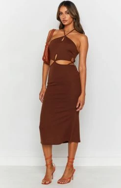 Beginning Boutique Dresses Quanah Cut Out Midi Dress Brown