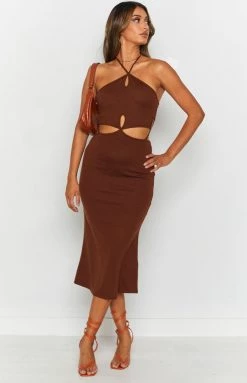 Beginning Boutique Dresses Quanah Cut Out Midi Dress Brown