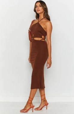 Beginning Boutique Dresses Quanah Cut Out Midi Dress Brown