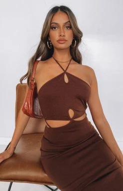 Beginning Boutique Dresses Quanah Cut Out Midi Dress Brown
