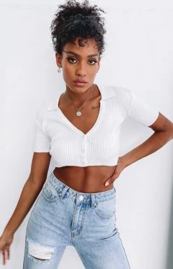 BB Exclusive Ramana Ribbed Knit Crop White Tops