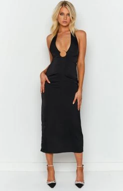 BB Exclusive Shelby Black Satin Halter Midi Dress