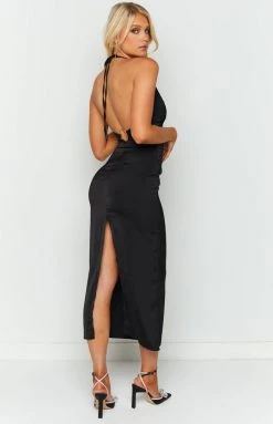 BB Exclusive Shelby Black Satin Halter Midi Dress