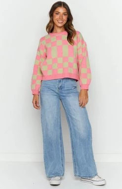 Beginning Boutique Long Sleeve Tops Restless Pink Check Sweater