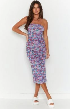SNDYS Tyra Purple Flower Midi Dress New