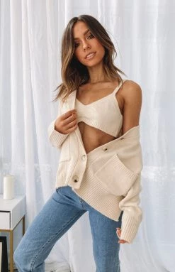 Beginning Boutique Tops Saved Knit Crop Top Beige