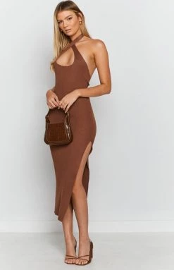 Beginning Boutique She's Not Afraid Halter Midi Dress Chocolate