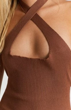 Beginning Boutique She's Not Afraid Halter Midi Dress Chocolate