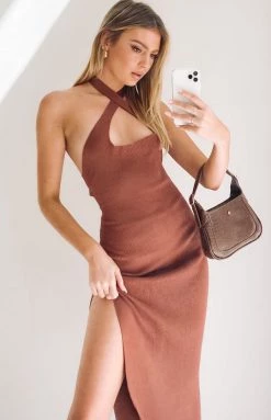 Beginning Boutique She's Not Afraid Halter Midi Dress Chocolate