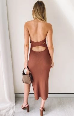 Beginning Boutique She's Not Afraid Halter Midi Dress Chocolate