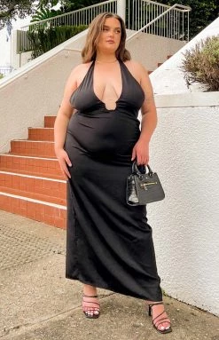 BB Exclusive Shelby Black Satin Halter Midi Dress