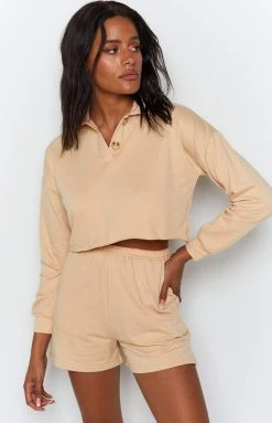 Beginning Boutique Simona Two Piece Lounge Set Beige Bottoms