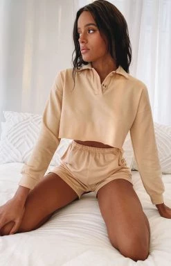 Beginning Boutique Simona Two Piece Lounge Set Beige Bottoms