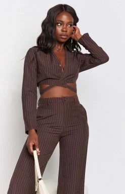 Beginning Boutique Tops Sinner Pinstripe Shirt Brown