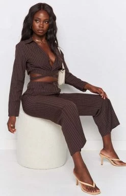 Beginning Boutique Tops Sinner Pinstripe Shirt Brown