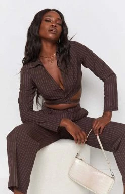 Beginning Boutique Tops Sinner Pinstripe Shirt Brown