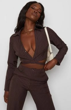 Beginning Boutique Tops Sinner Pinstripe Shirt Brown