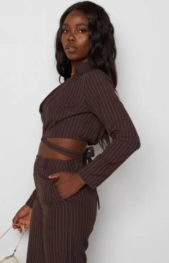 Beginning Boutique Tops Sinner Pinstripe Shirt Brown