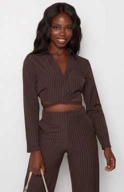 Beginning Boutique Tops Sinner Pinstripe Shirt Brown