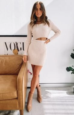 Beginning Boutique Bottoms Sixteen Candles Ribbed Mini Skirt Beige