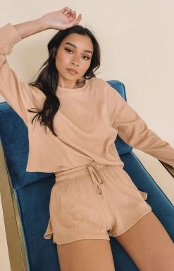 Beginning Boutique Steph Long Sleeve Waffle Top Tan Tops