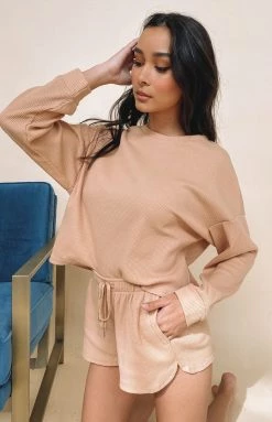 Beginning Boutique Steph Long Sleeve Waffle Top Tan Tops