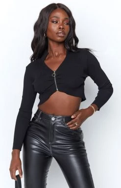 Beginning Boutique Tops Sunny Zip Long Sleeve Top Black