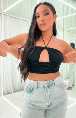 BB Exclusive Talia Black Mesh Halter Crop Top